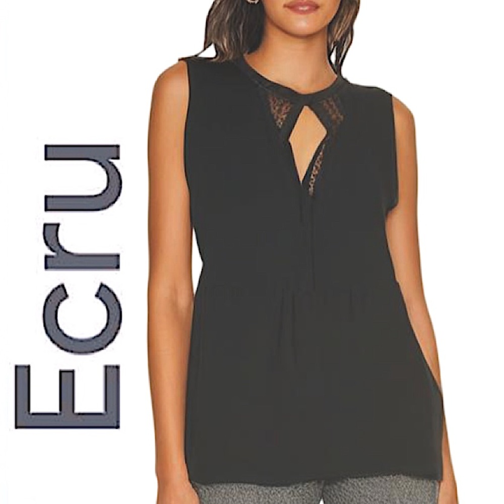 ECRU.NWT.Stunning 100% silk sleeveless blouse with lace V-neck collar. Black.L